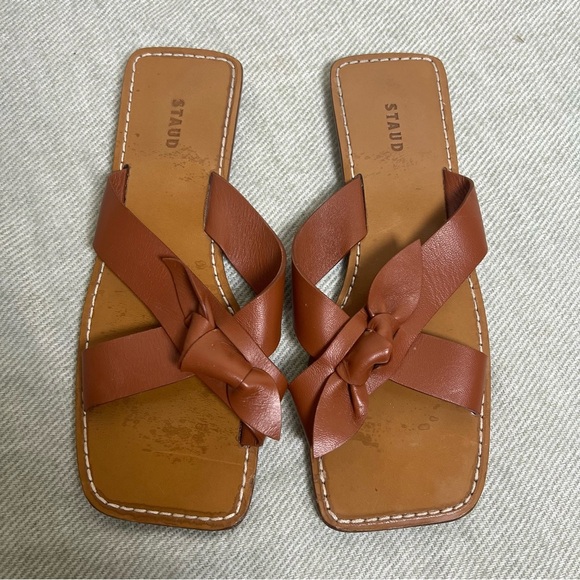 STAUD Lei Bow Brown Leather Slip-On Sandals with Criss-Cross Straps Size 35 - Picture 1 of 8